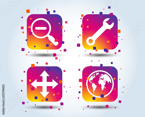Magnifier glass and globe search icons. Fullscreen arrows and wrench key repair sign symbols. Colour gradient square buttons. Flat design concept. Vector