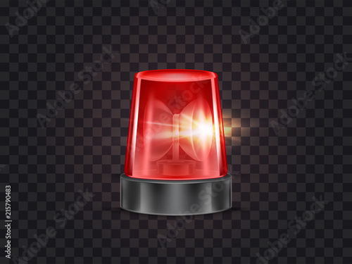 Vector illustration of red flasher, flashing beacon with siren for police and ambulance cars, isolated on transparent background. Glowing rotating lamp, emergency signal of danger, alarm strobe light