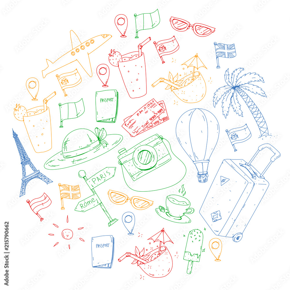 Vector pattern with travel icons. Get ready for adventures and travel. Great vacation, holidays. Hot air balloon, suitcase, airplane. Vector pattern with travel icons. Get ready for adventures and travel. Great vacation, holidays. Hot air balloon, suitcase, airplane.
