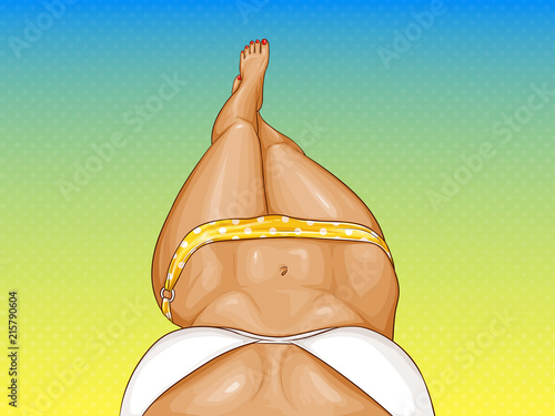 Vector concept illustration of pop art woman, sexy body in bikini with long legs and slim figure. Poster with summer girl lying on beach and relaxing. Template for advertising banner, perspective view