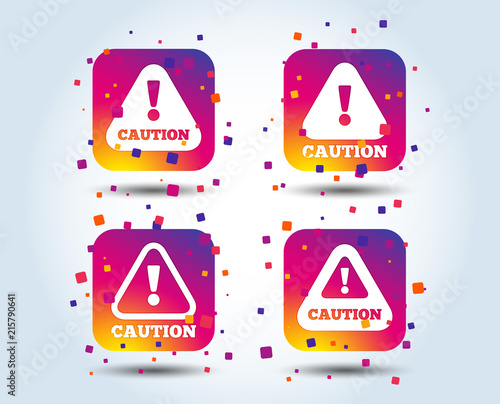 Attention caution icons. Hazard warning symbols. Exclamation sign. Colour gradient square buttons. Flat design concept. Vector