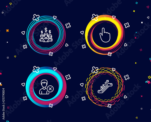 Set of Salary employees, Remove account and Hand click icons. Escalator sign. People earnings, Delete user, Location pointer. Elevator.  Circle banners with line icons. Gradient colors shapes. Vector