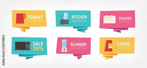 Collection of banners with kitchen utensils and household appliances isolated on white background. Bundle of badges with cooking facilities or electric tools. Flat colorful vector illustration