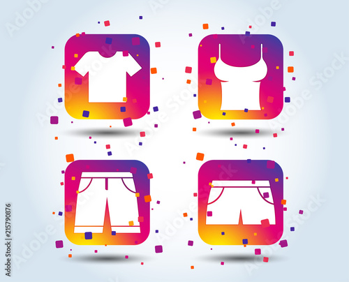 Clothes icons. T-shirt and bermuda shorts signs. Swimming trunks symbol. Colour gradient square buttons. Flat design concept. Vector