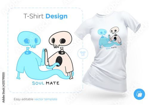 Skeleton and ghost t-shirt design. Print for clothes, posters or souvenirs. Vector