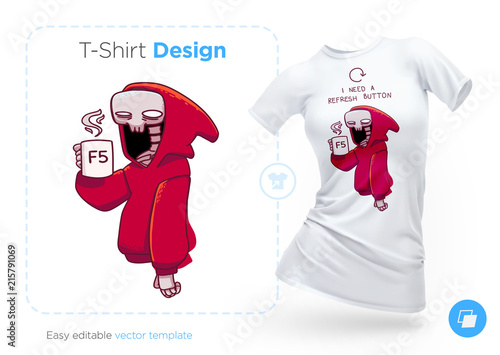 Skeleton in a hoodie with a cup of coffee t-shirt design. Print for clothes, posters or souvenirs