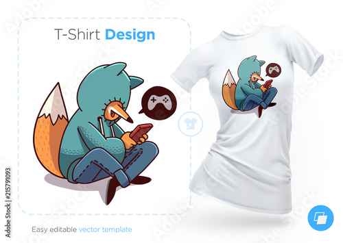 Fox in hoodie playing mobile game t-shirt design. Print for clothes, posters or souvenirs. Vector