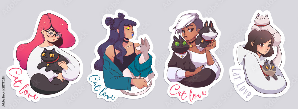 Stickers with cute girls and their cats. Vector Stickers with cute girls and their cats. Vector