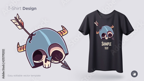 Skull in a helmet pierced with an arrow t-shirt design. Print for clothes, posters or souvenirs. Vector
