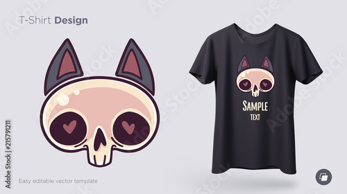 Skull with cat's ears t-shirt design. Print for clothes, posters or souvenirs. Vector
