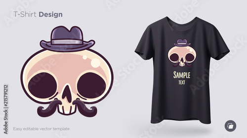 Skull gentleman in a hat with a mustache t-shirt design. Print for clothes, posters or souvenirs. Vector