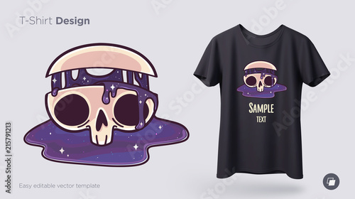 Skull with flowing cosmos t-shirt design. Print for clothes, posters or souvenirs. Vector