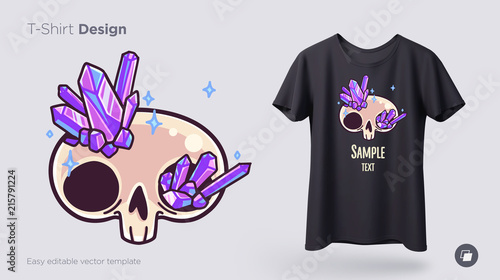 Skull overgrown with crystals t-shirt design. Print for clothes, posters or souvenirs. Vector