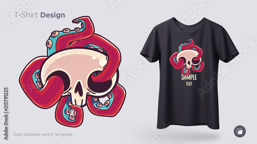 Skull with octopus t-shirt design. Print for clothes, posters or souvenirs. Vector