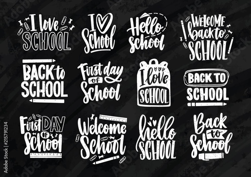 Collection of Back to School lettering written with elegant calligraphic font and decorated with stationary. Set of handwritten slogans or phrases isolated on black background. Vector illustration.