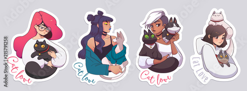 Stickers with cute girls and their cats. Vector