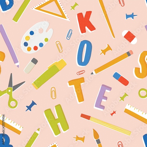 Seamless pattern with stationery, supplies and accessories for lessons, items...