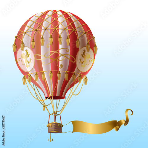 Vector realistic hot air balloon with vintage decor, flying on blue sky with blank golden ribbon for message. Aerostat with basket for royal travels. Template for poster, advertising banner, card