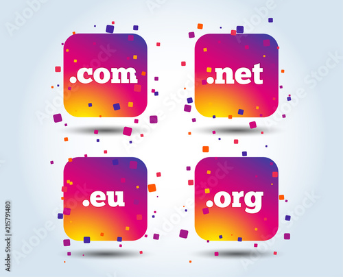 Top-level internet domain icons. Com, Eu, Net and Org symbols. Unique DNS names. Colour gradient square buttons. Flat design concept. Vector