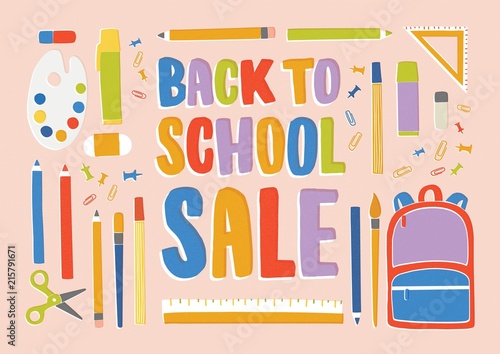 Horizontal banner with stationery, supplies and accessories for lessons, items for education. Back to school sale advertisement or promotion. Colorful vector illustration in flat cartoon style.