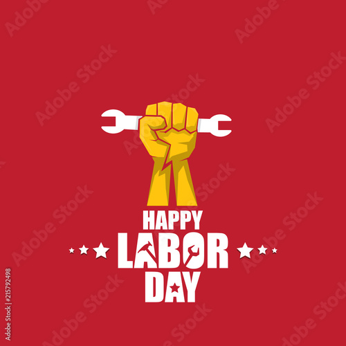 labor day Usa vector label or banner background. vector happy labor day poster or banner with clenched fist isolated on red . Labor union icon