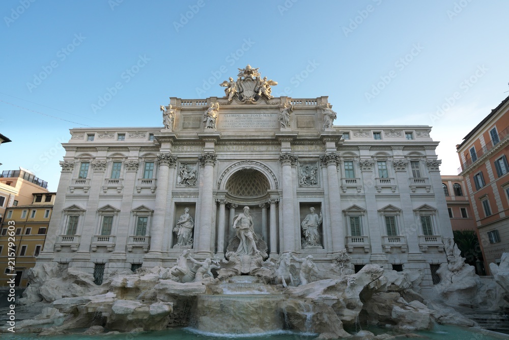 Rome,Italy-July 29 2018: Trevi Fountain in the morning, 40 minutes after the sunrise
