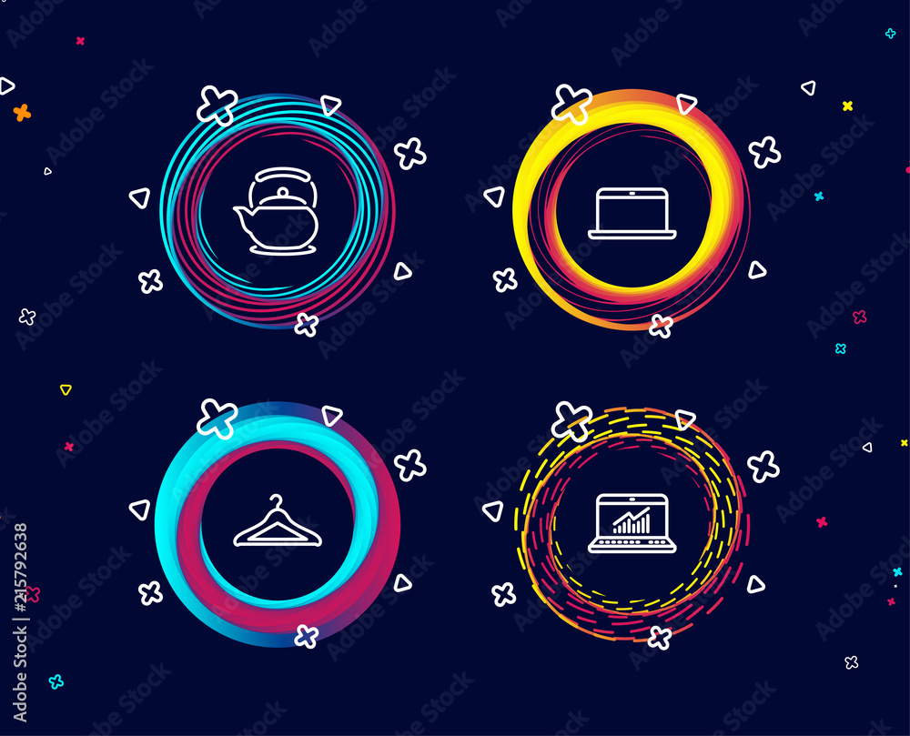 Set of Laptop, Teapot and Cloakroom icons. Online statistics sign. Mobile computer, Tea kettle, Hanger wardrobe. Computer data. Circle banners with line icons. Gradient colors shapes. Vector Set of Laptop, Teapot and Cloakroom icons. Online statistics sign. Mobile computer, Tea kettle, Hanger wardrobe. Computer data. Circle banners with line icons. Gradient colors shapes. Vector