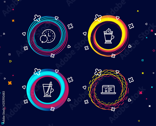 Set of Latte coffee, Update time and Tea mug icons. Web lectures sign. Hot drink with whipped cream, Refresh clock, Cup with teaspoon. Online test.  Circle banners with line icons. Vector