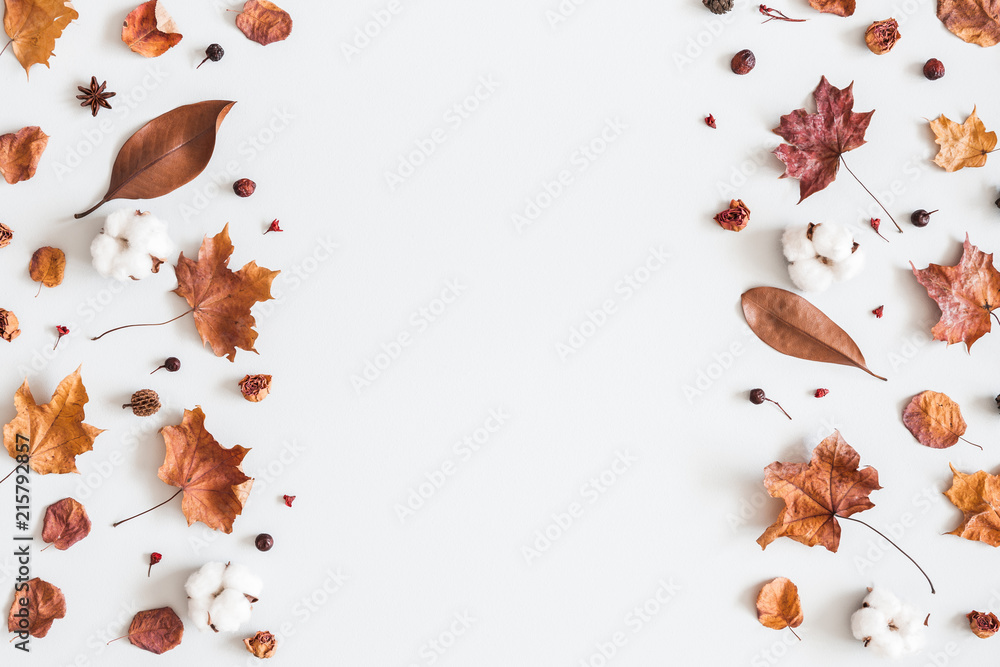 Fototapeta Autumn composition. Frame made of cotton flowers, dried maple leaves on pastel gray background. Autumn, fall concept. Flat lay, top view, copy space