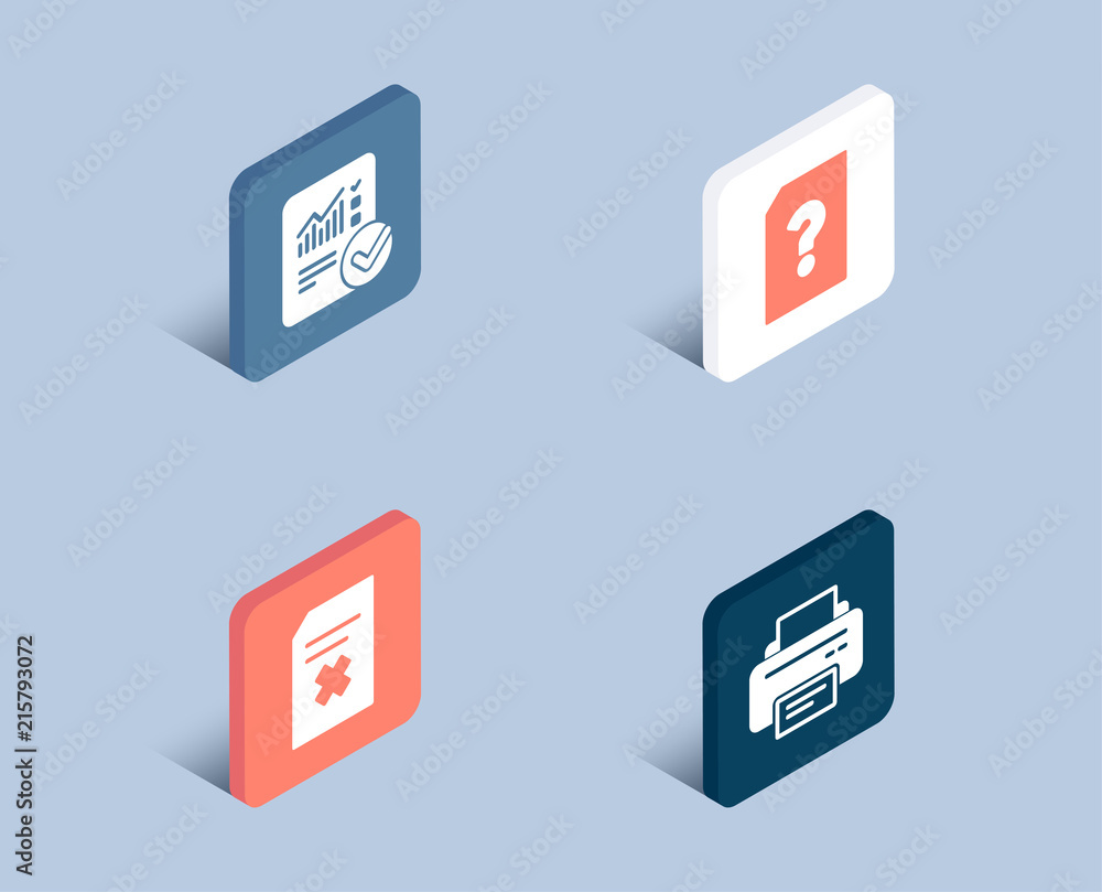 Set of Unknown file, Delete file and Checked calculation icons. Printer ...