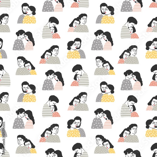 Seamless pattern with people in love. Backdrop with cute cuddling romantic co...