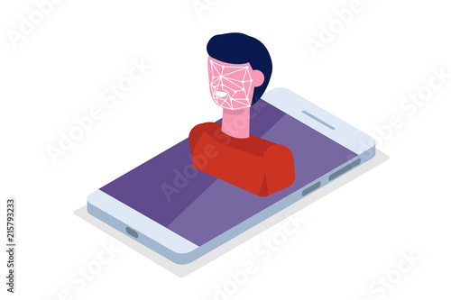 Face recognition isometric concept. Biometric identification. Vector illustration