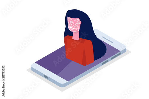 Face recognition isometric concept. Biometric identification. Vector illustration