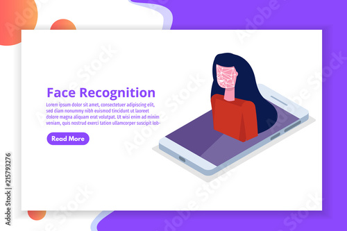 Face recognition isometric concept. Biometric identification. Vector illustration