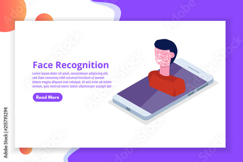 Face recognition isometric concept. Biometric identification. Vector illustration