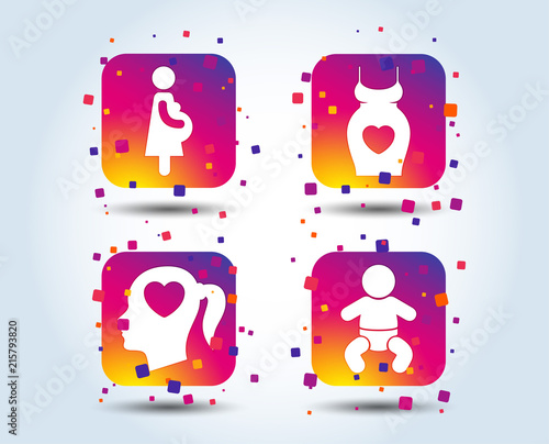 Maternity icons. Baby infant, pregnancy and dress signs. Head with heart symbol. Colour gradient square buttons. Flat design concept. Vector