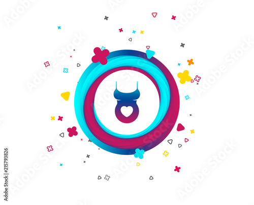 Pregnant woman shirt sign icon. Maternity with heart symbol Colorful button with icon. Geometric elements. Vector
