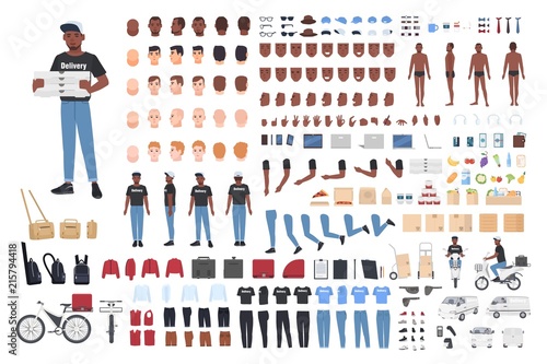 African American delivery boy constructor. Collection of male character body parts in different postures, uniform isolated on white background. Front, side and back views. Cartoon vector illustration.