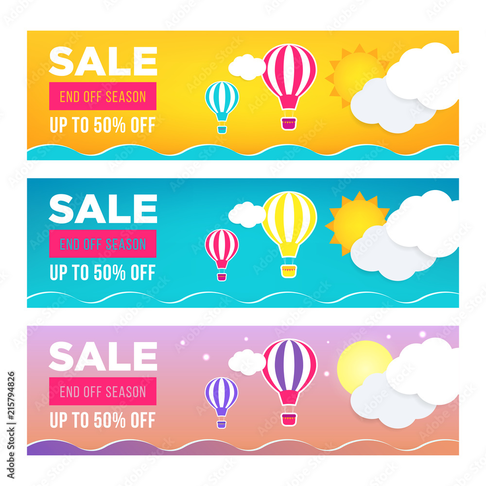 Sale banner template design set. Web banner, flyer, voucher with hot air balloon, sea, moon, sun, clouds for your site. Modern gradient style. Home page concept with text space background.