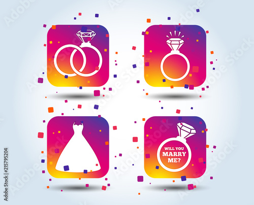 Wedding dress icon. Bride and groom rings symbol. Wedding or engagement day ring shine with diamond sign. Will you marry me? Colour gradient square buttons. Flat design concept. Vector