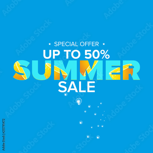 summer sale modern color design template banner or poster. Vector Summer sale label with typographic text isolated on blue background
