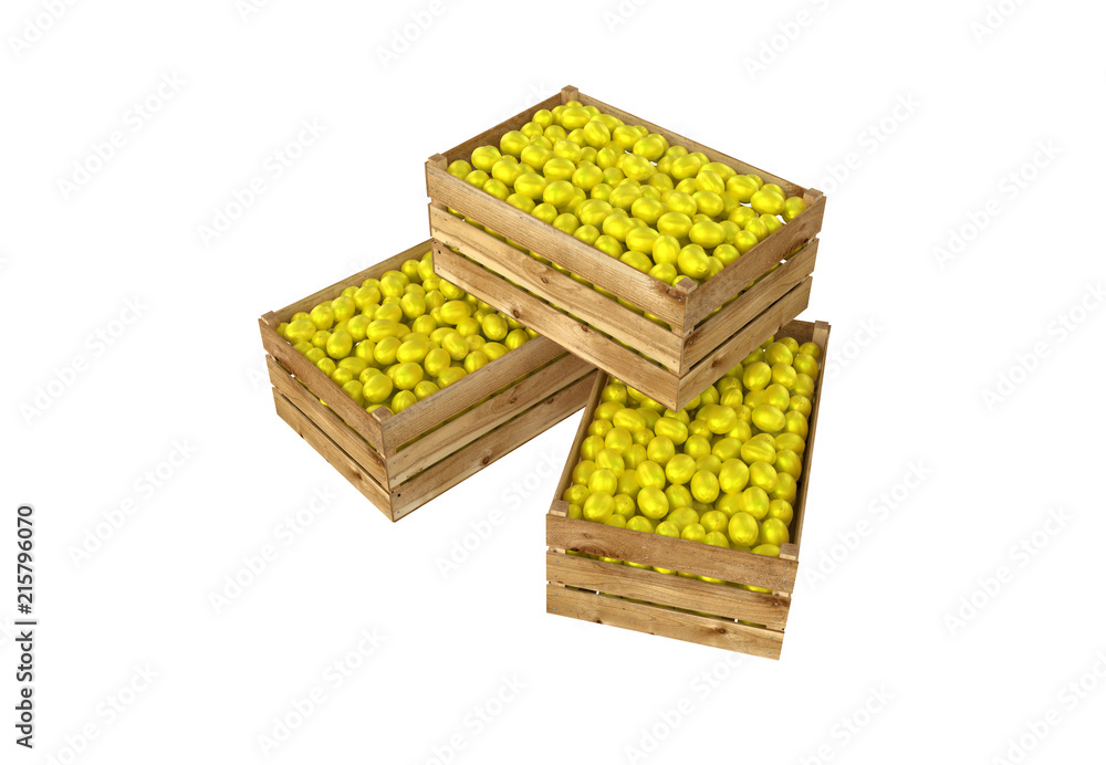 3D render of wooden box. Full of lemon fruit. Isolated on white background. 3D render of wooden box. Full of lemon fruit. Isolated on white background.