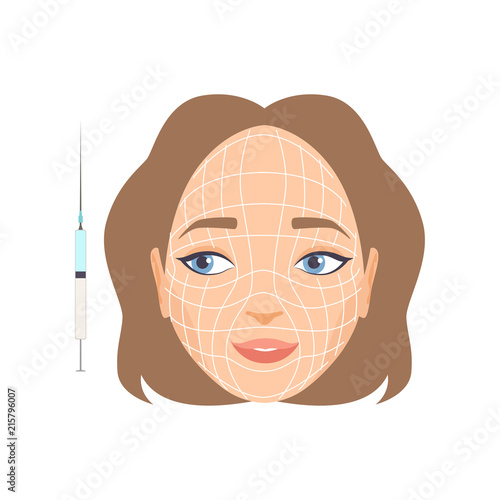 Young woman face with massage lines, girl having hyaluronic acid facial injection, rejuvenating procedure vector Illustration