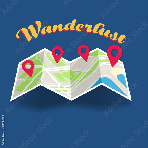 Unfolding map  with pointers and wanderlust text travel concept