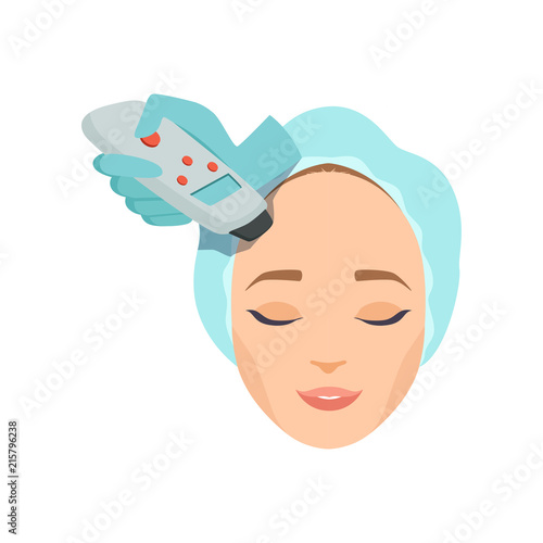 Young woman having machine cosmetology procedure for face rejuvenation in beauty salon, cosmetology and anti aging concept vector Illustration