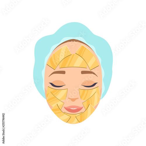 Beautiful woman with moisturizing mask on her face, cosmetic procedure for face rejuvenation vector Illustration