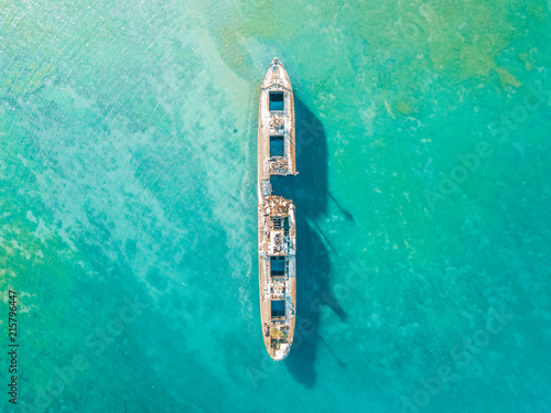Aerial Drone View Of Old Shipwreck Ghost Ship