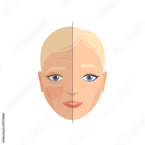 Face of woman before and after cosmetic procedure, face rejuvenation, cosmetology and anti aging concept vector Illustration