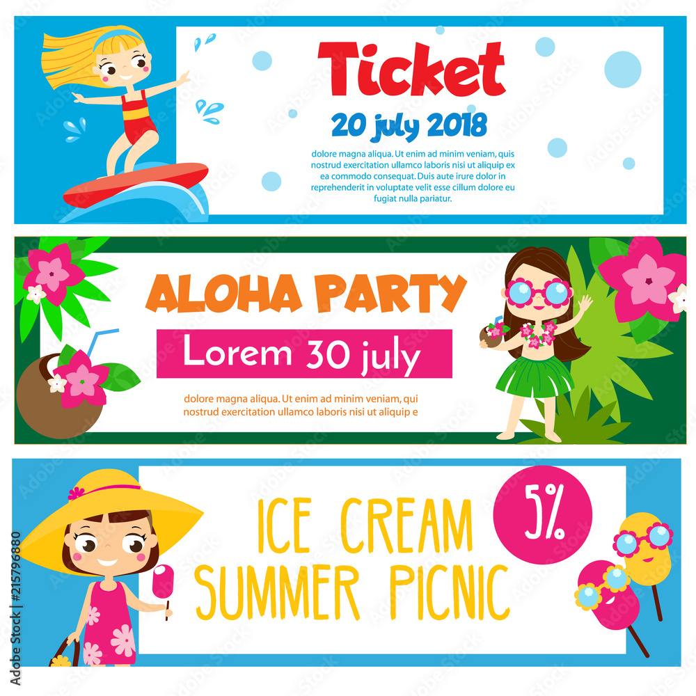 Fototapeta premium Summer party banners. Invitations, advertisements with happy children having beach fun and activity