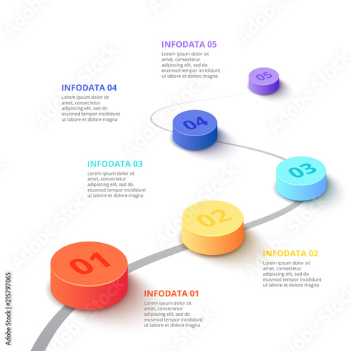 Vector gradient cylinders. Business template for presentation. Creative concept for infographic with 5 steps, options, parts or processes. Timeline isometric illustration.